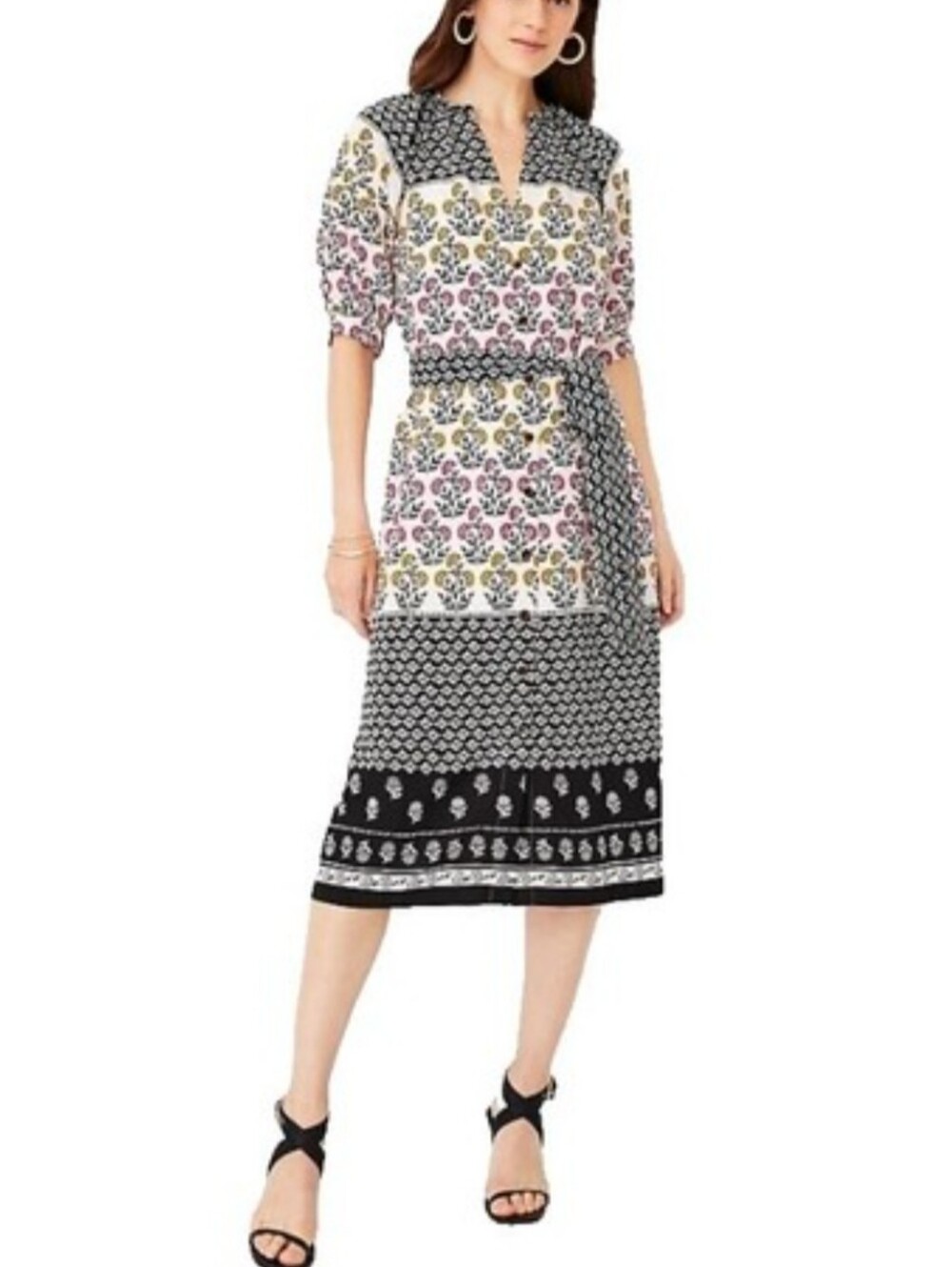 Ann Taylor Floral Border Print Shirtdress Dress Puff Sleeves Cream Black Pink 4